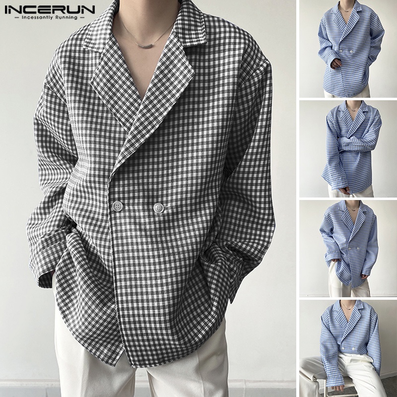 Áo sơ mi INCERUN dáng rộng cổ bẻ kẻ sọc caro thời trang cho nam