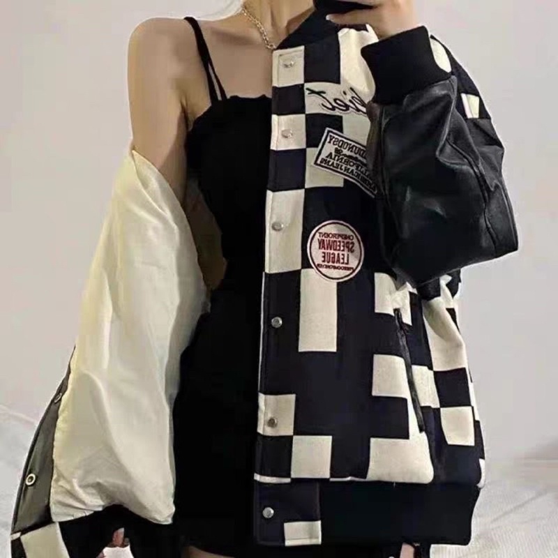 Áo Khoác Varsity Kẻ Caro Phong Cách Hàn Quốc Tay Da Chữ Thêu