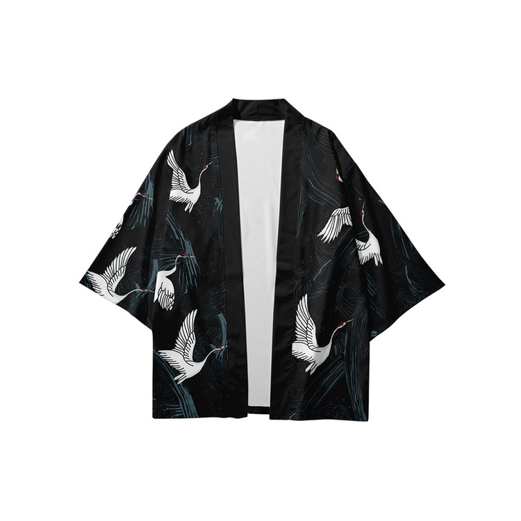 Áo choàng kimono hóa trang Samurai màu trắng đen phong cách Harajuku Nhật Bản