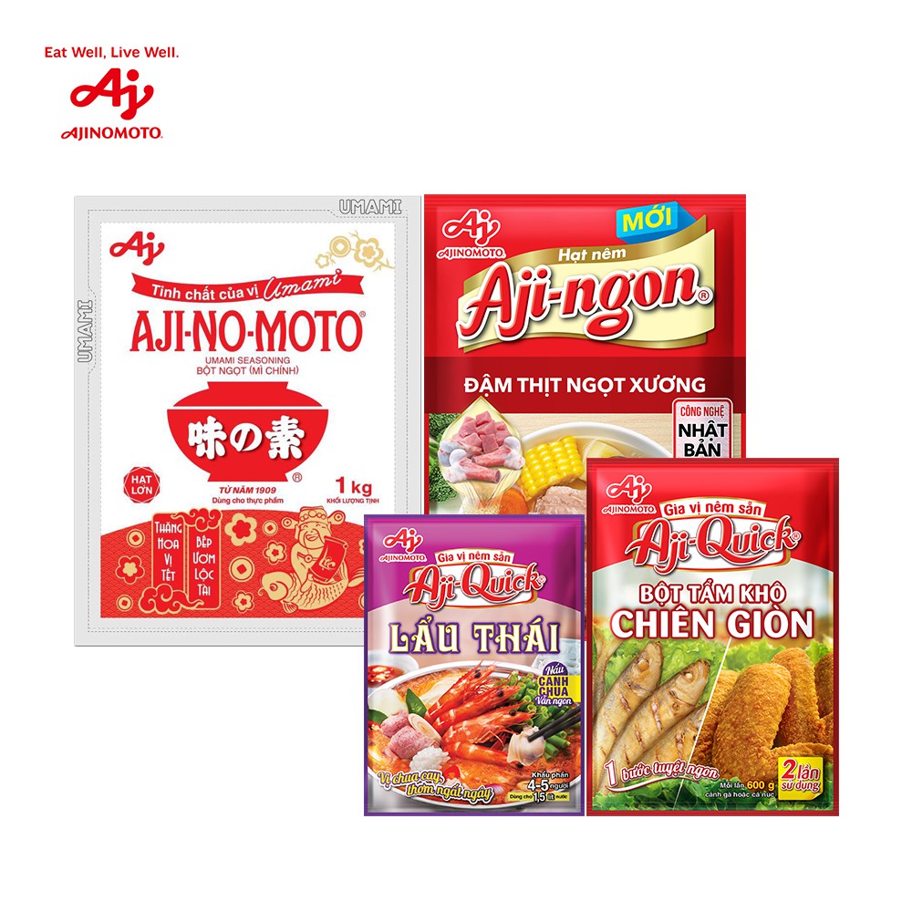 Combo 1 Bột Ngọt AJI-NO-MOTO 1kg + 1 Hạt Nêm 900g + 2 Bột Tẩm Khô 84gx2 + 4 Lẩu Thái 50gx4