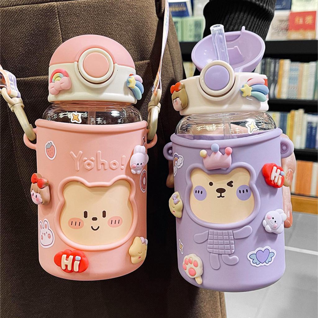 Bình nước cute 620ml có dây đeo và ống hút BN33 - BaloGigo