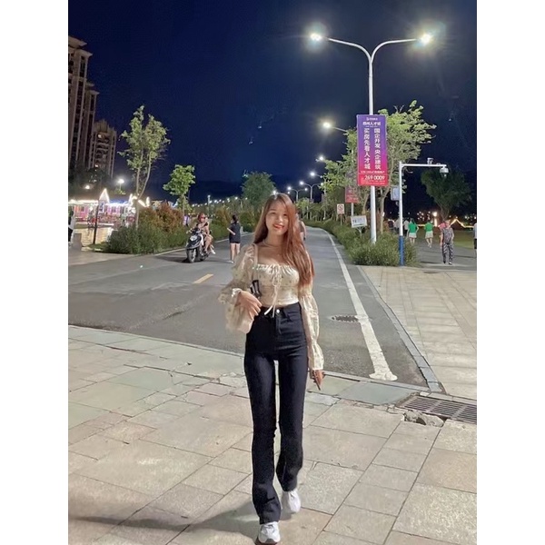 Quần jeans thô co giãn màu đen ống loe siêu hack dáng ôm body Korea Style