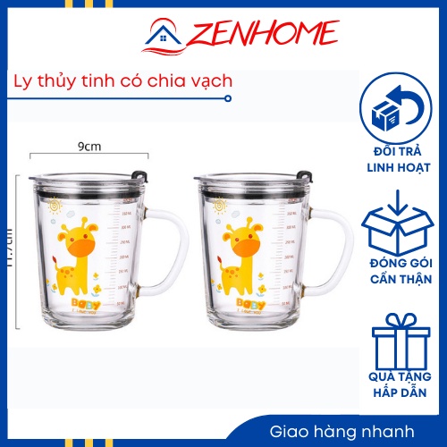 Ly thủy tinh có tay cầm cốc thuỷ tinh có vạch 2 lớp chịu nhiệt có nắp kiểu dáng dễ thương kèm ống hút