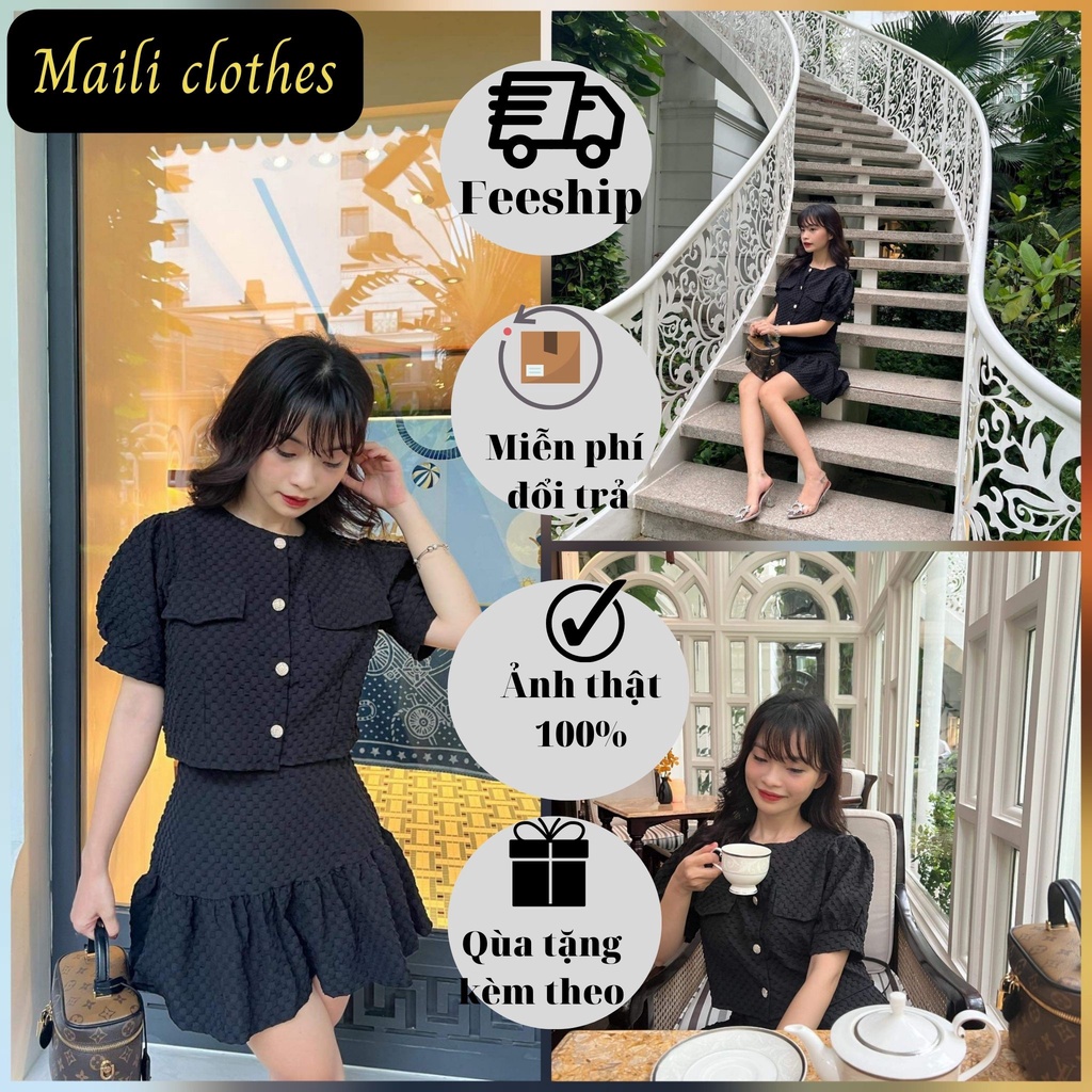 Set Áo Croptop Cổ tròn Tay bồng + Chân Váy Ngắn đuôi cá Phối Túi Chất Dạ Xốp Đẹp Xịn Sò