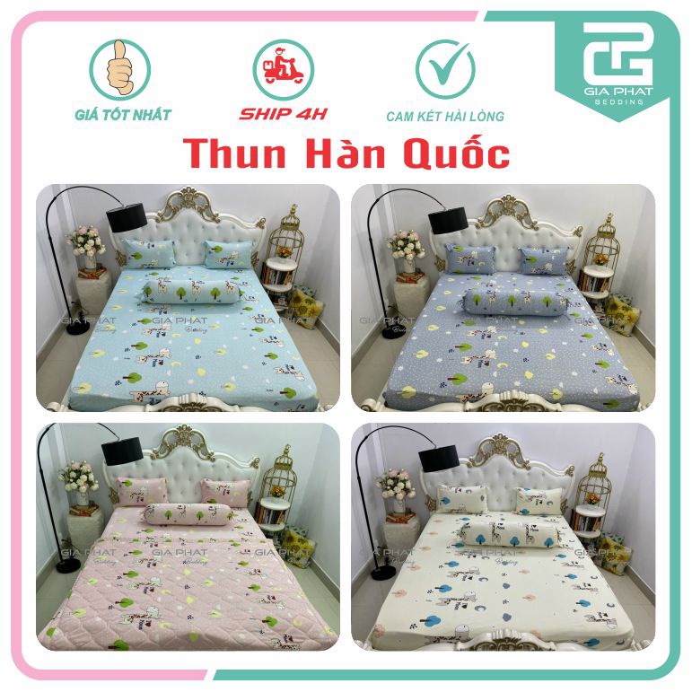 Bộ Ga Gối Thun Lạnh Hàn Quốc 4 Món họa tiết Hươu cao cổ ( 1 ga bọc + 2 vỏ gối nằm + 1 vỏ gối ôm )