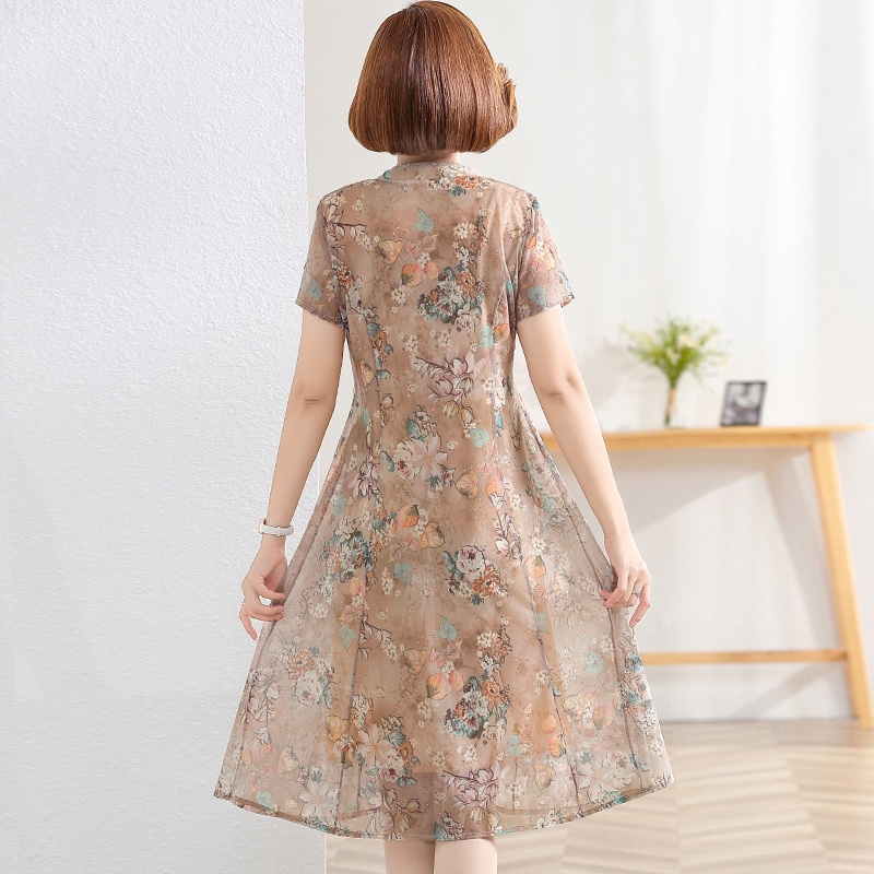 Đầm Tay Ngắn Cổ Chữ V Họa Tiết Hoa Thời Trang Mùa Hè Dành Cho Nữ Trung Niên 50 Tuổi