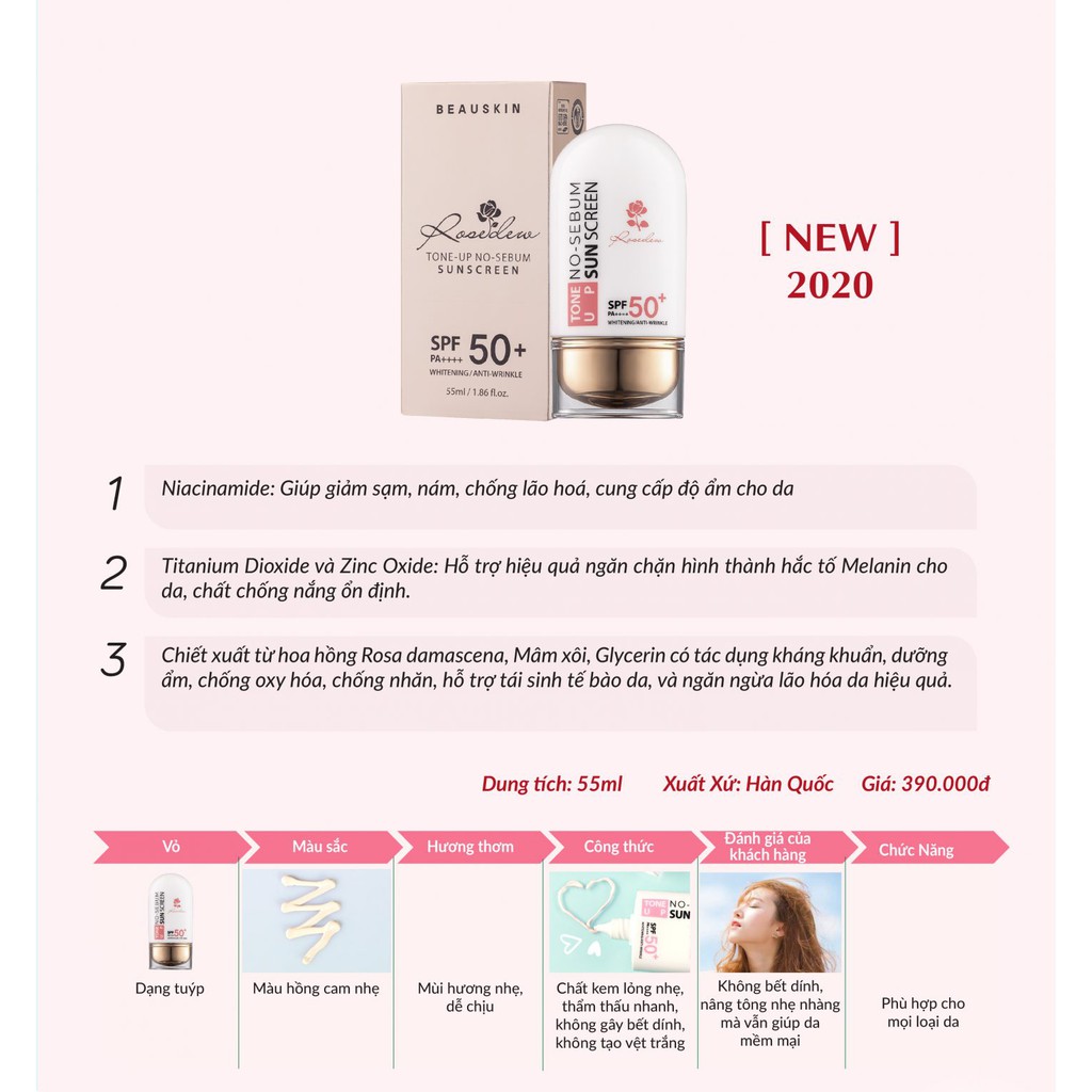 KEM CHỐNG NẮNG KIỀM DẦU NÂNG TÔNG BEAUSKIN ROSEDEW TONEUP NO SEBUM SUNSCREEN