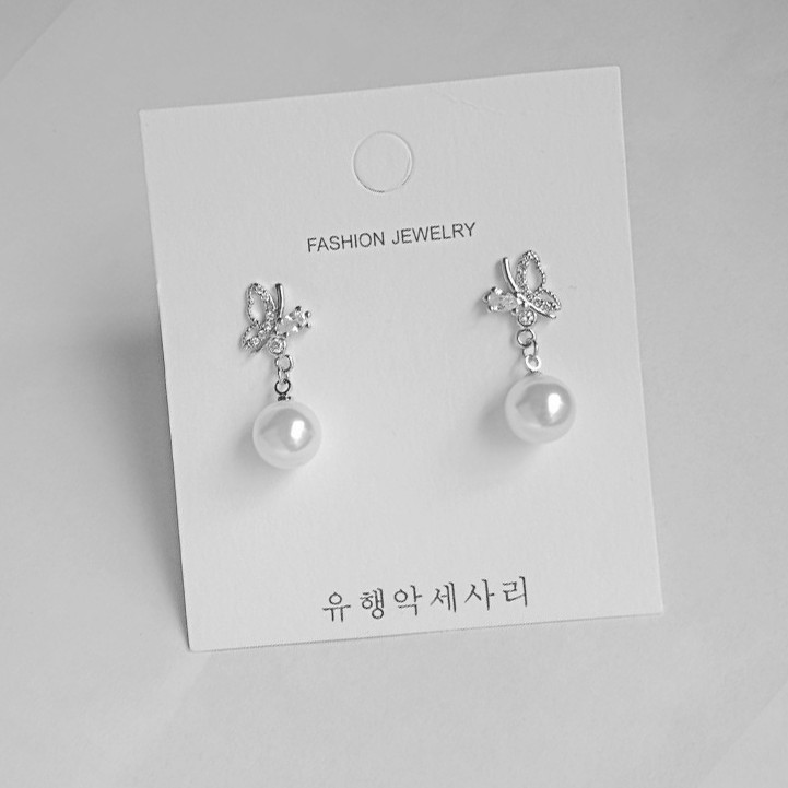 Bông tai bướm kết hợp hạt châu trắng dễ thương phụ kiện trang sức style ulzzang hàn quốc - kỳ lân