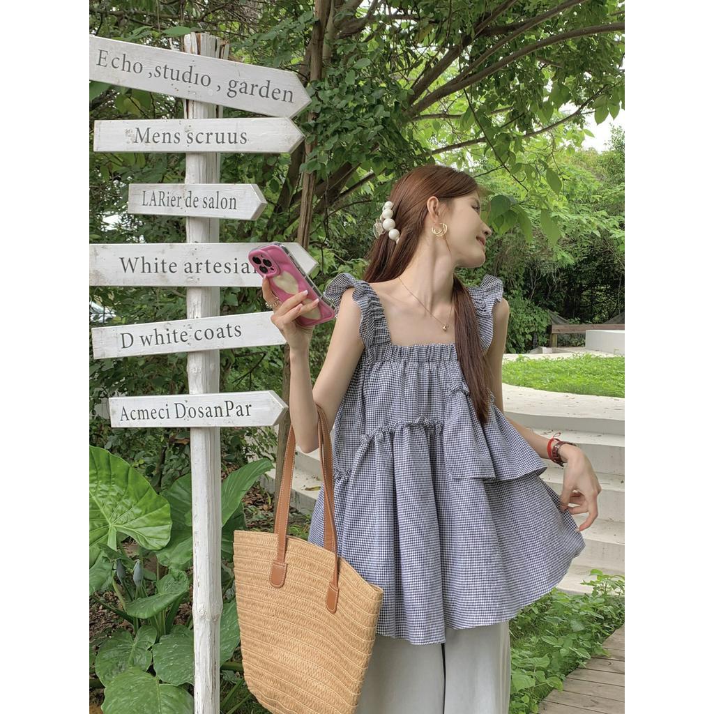 Áo Ống Không Tay Dáng Rộng Họa Tiết Sọc Caro Dễ Thương 63676