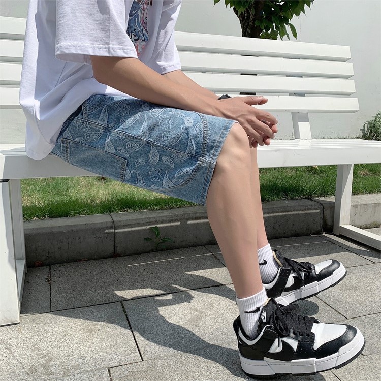 Quần đùi jean nam ống rộng lưng chun màu xanh họa tiết hoa văn 01 Pon.mens