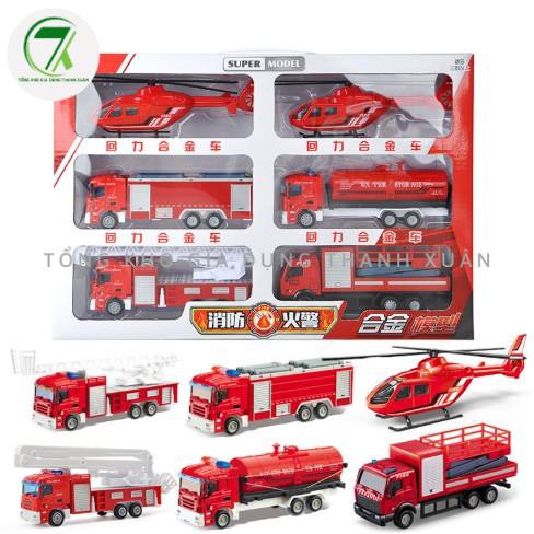 Đồ chơi 6 xe cứu hỏa đồ chơi ô tô, xe chở nước, xe chữa cháy, máy bay cho các bé tập làm các chú lính cứu hỏa tí hon