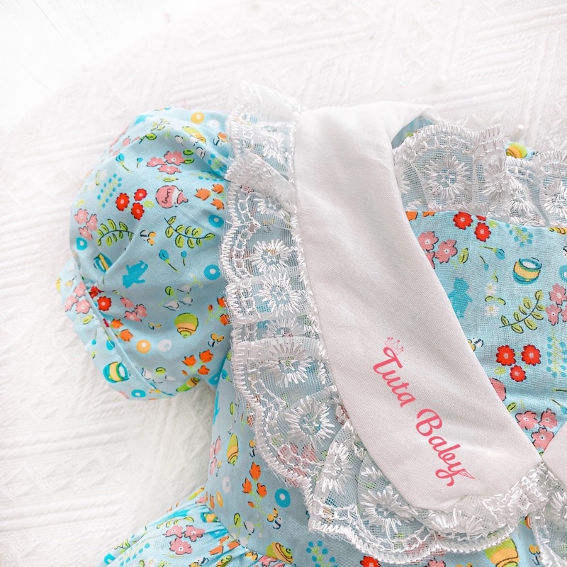 Body Cho Bé Gái Màu Xanh Dương Hoạ Tiết Hoa Nhí Kèm Turban Nơ, Bodysuit Cho Bé 4-11kg