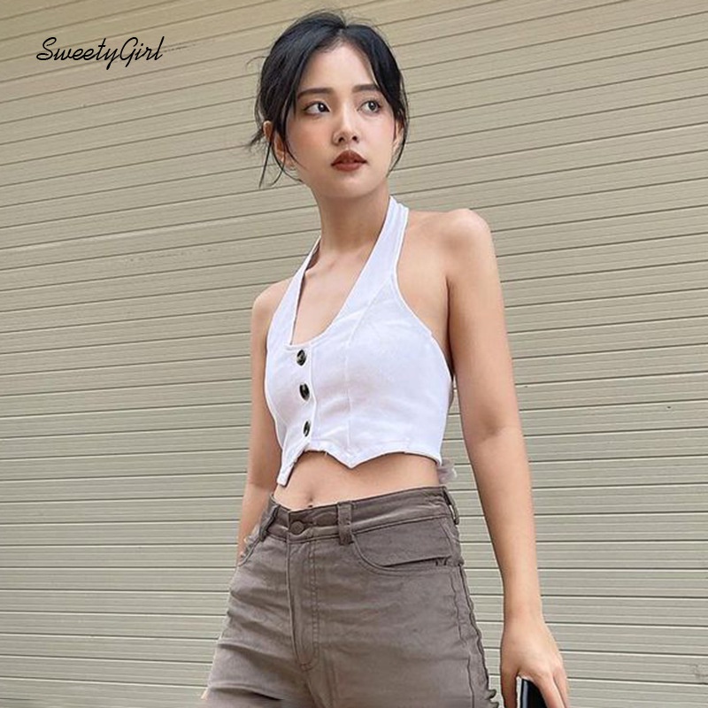 Áo Hai Dây Vải Cotton Ôm Dáng Hở Lưng Phối Hàng Nút Màu Trơn Thời Trang Cho Bạn Gái