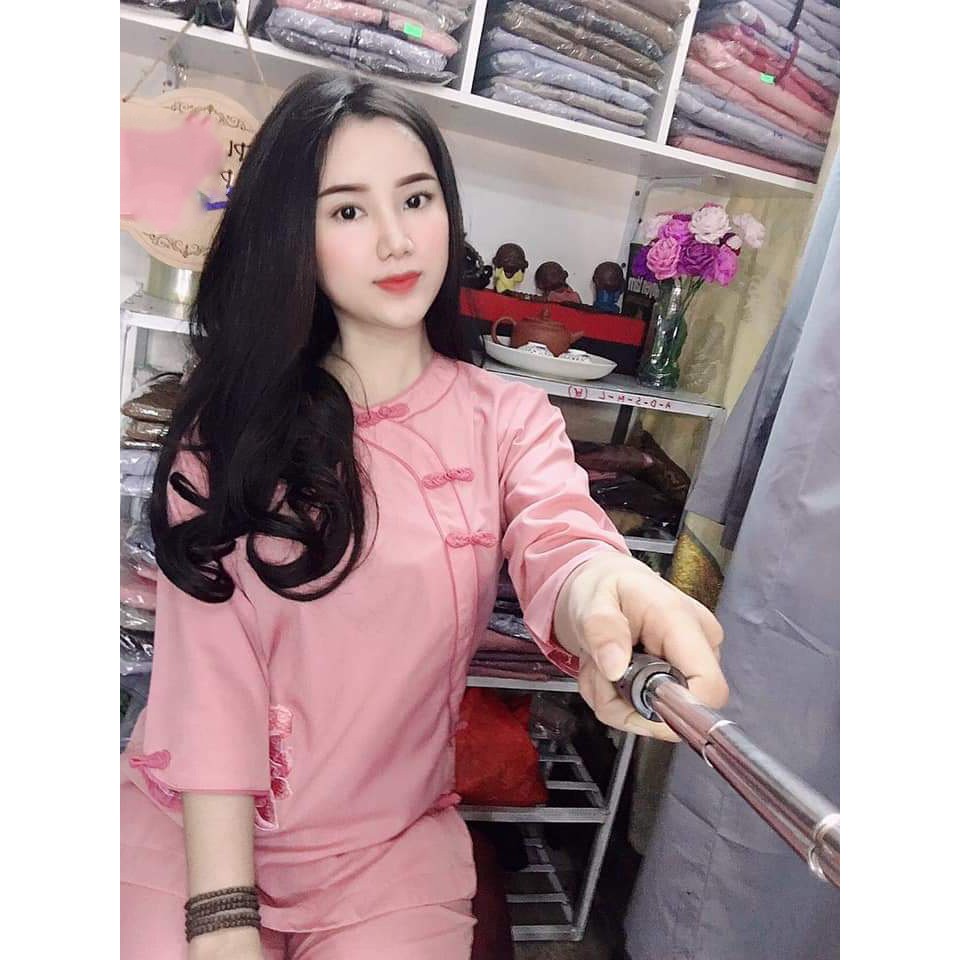 BỘ QUẦN ÁO PHẬT TỬ - QUẦN ÁO ĐI CHÙA: BỘ cài xéo 2 viền hồng vôi