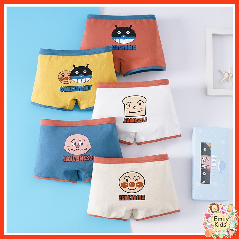 Bộ 5 QuầN LóT Boxer Cotton 100% In HìNh Anpanman Cho Bé Trai (3-12 TuổI)