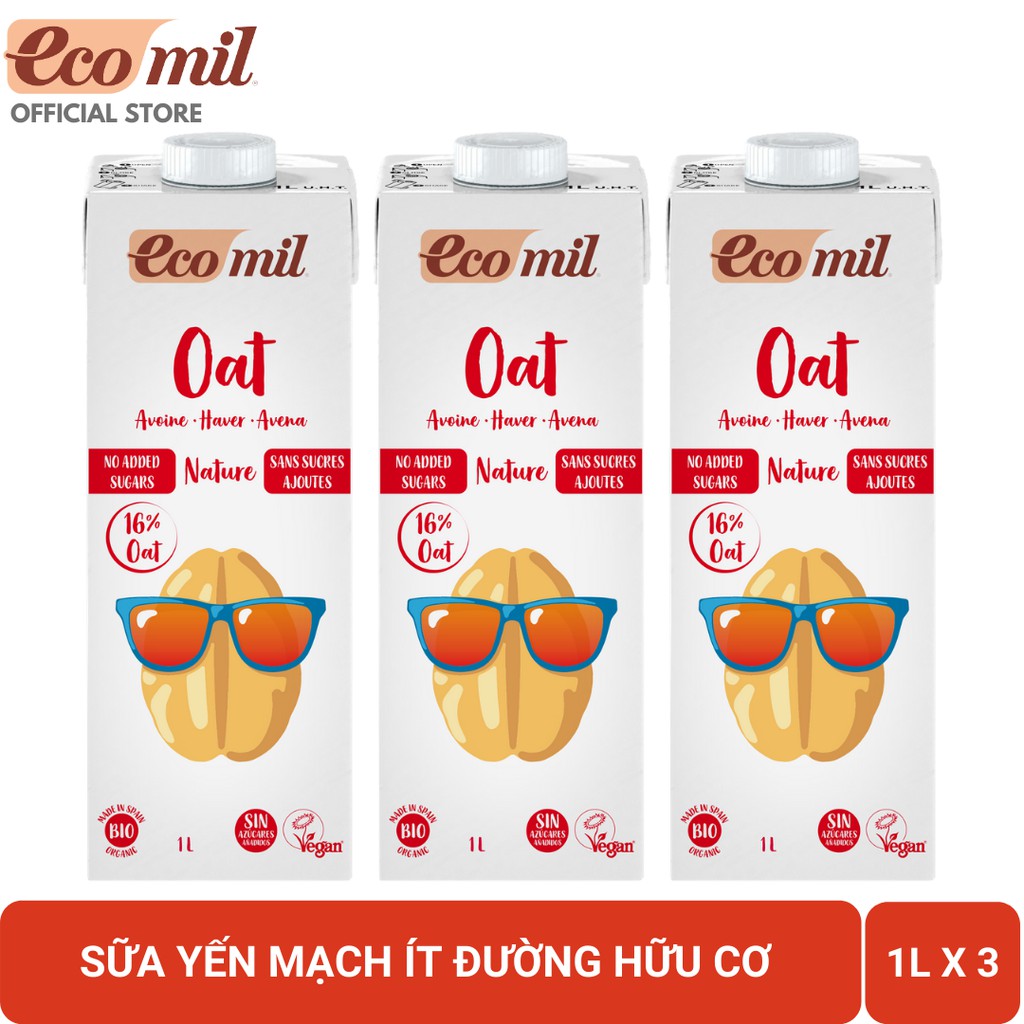 [Lốc 3 Hộp] Sữa Yến Mạch Không Thêm Đường Hữu Cơ Ecomil (1L) - Organic Oat Milk No Added Sugars (1L)