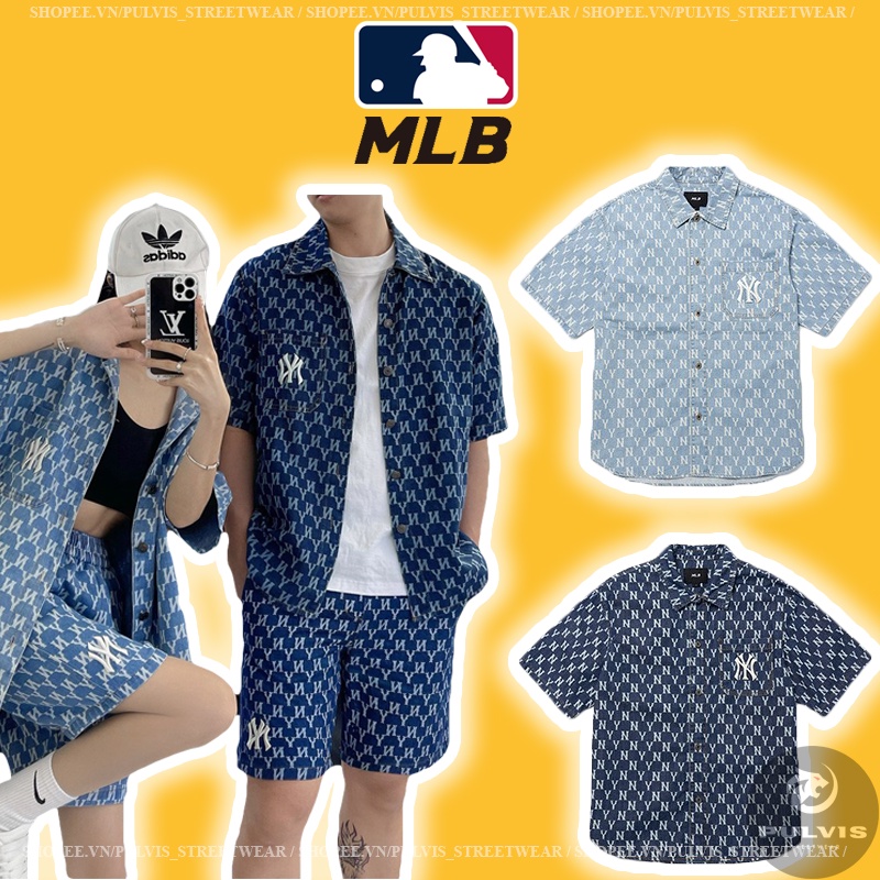 ⚡️ - Áo Sơ Mi Jeans MLB Classic Monogram Denim Short Sleeve Shirt NY Yankees, Áo sơ mi MLB