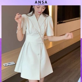 Váy cổ Vest dáng chữ A ngắn tay màu trắng, đen kiểu dáng Hàn Quốc