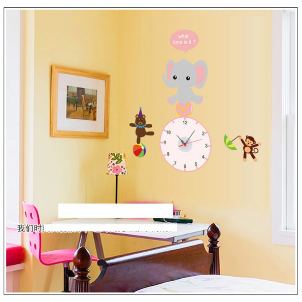 Decal Trang Trí Tường Kèm Đồng Hồ Dán Tường Voi Hồng đáng yêu ( Cao Cấp )