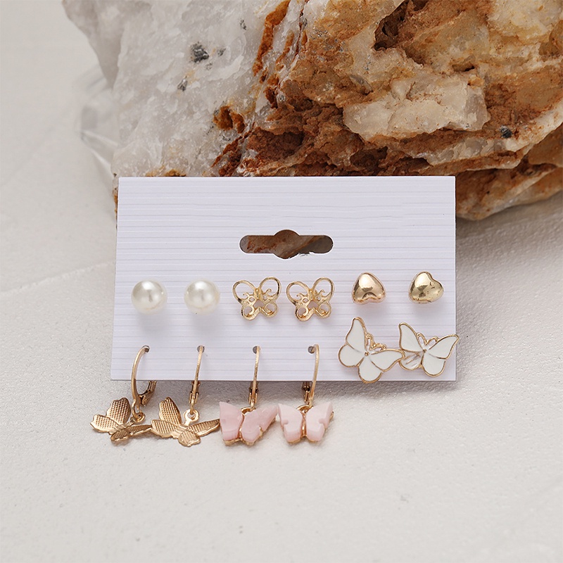 Set 6 Khuyên Tai Mạ Bạc Hình Bướm/Trái Tim/Ngọc Trai Nhiều Màu Sắc