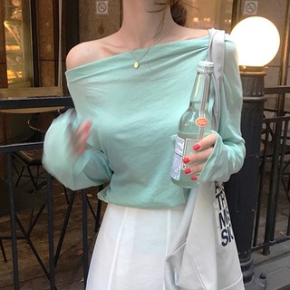 (ORDER) Áo thun nữ dài tay mỏng nhẹ lệch vai màu xanh bạc hà style Hàn Quốc (MẪU _MỚI_2020)