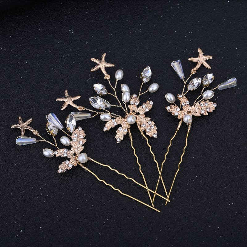 3x Bride Hairpins Golden Leaf Starfish Star Decoration U Shape Wedding