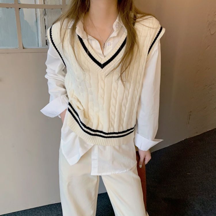 Áo Dệt Kim Cổ Chữ V Màu Sắc Tương Phản Thời Trang Mùa Thu Cho Nữ
