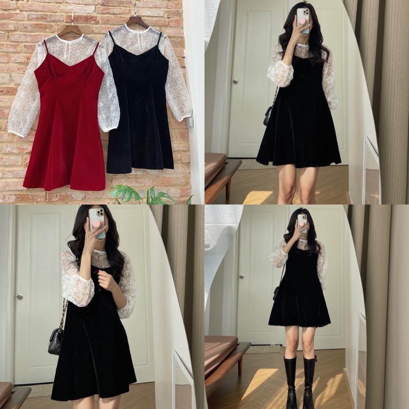 ĐẦM XINH KILY DRESS gồm set váy nhung 2 dây kèm áo ren tay dài với chất vải nhung xoè nhẹ form chuẩn diện lễ và tết
