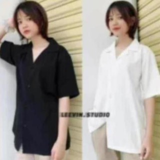 Áo sơ mi ngắn tay Nam Nữ Cổ Vest TRƠN trắng và đen - Kiểu sơ mi tay ngắn form rộ