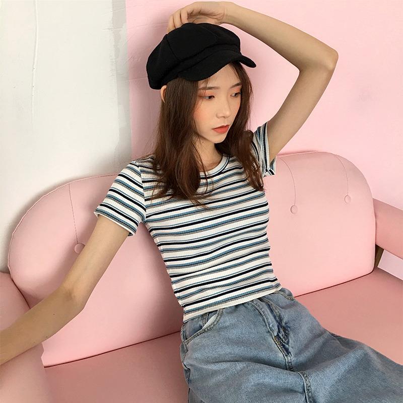 Áo Thun Tay Ngắn Họa Tiết Kẻ Sọc Phong Cách Mới Dành Cho Nữ