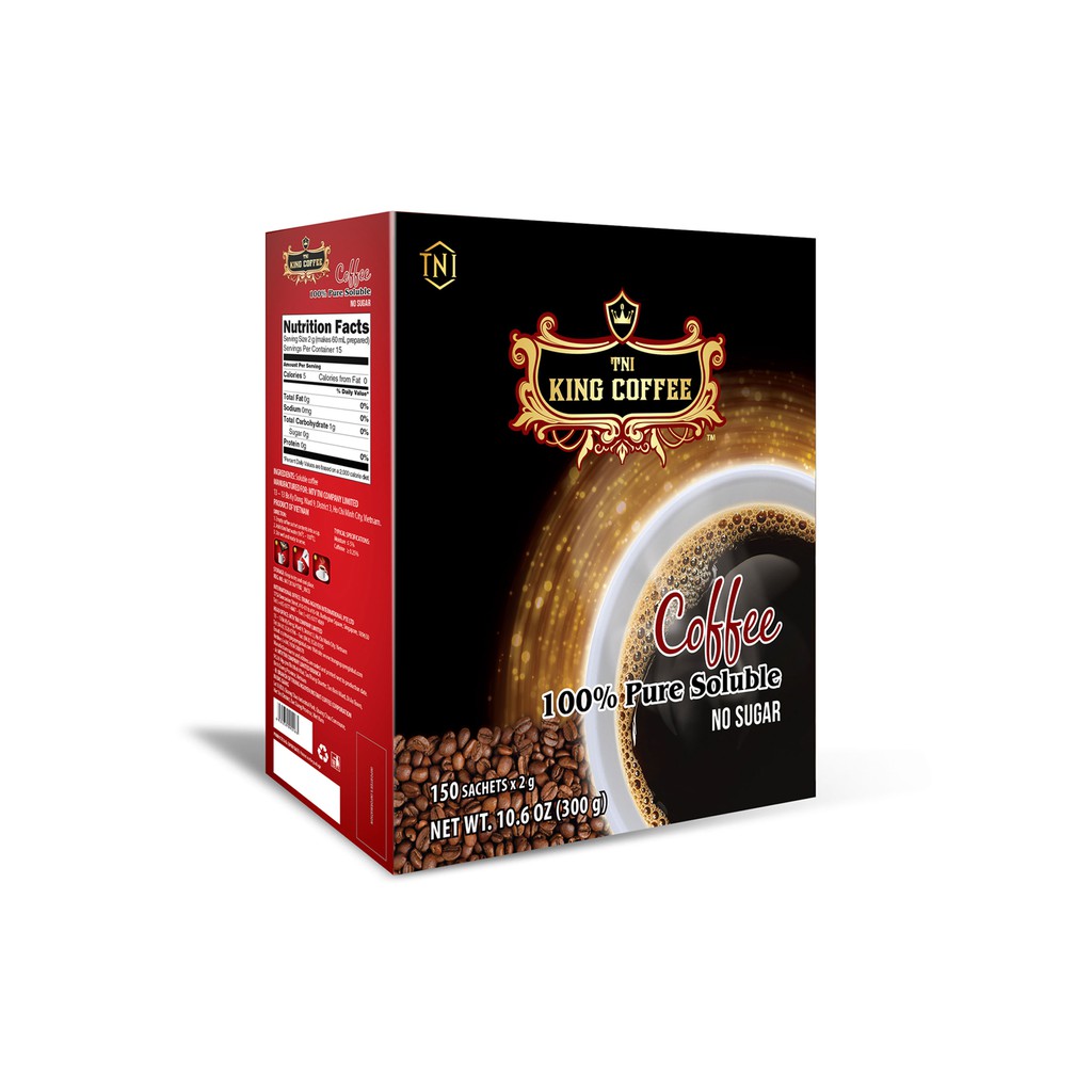 Cà Phê Hòa Tan Đen Thuần Khiết KING COFFEE Không Đường - Hộp 150 gói x 2g