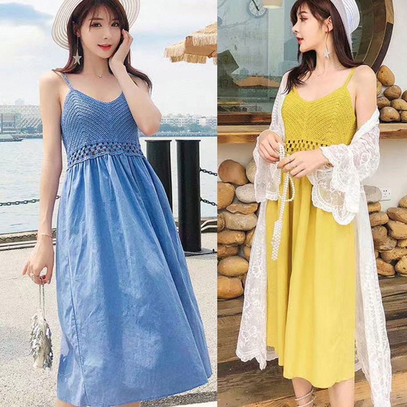 Wmmb Đầm Midi Dáng Chữ A Dây Sợi Mì Đan Móc Đi Biển Ngày Lễ Cho Nữ
