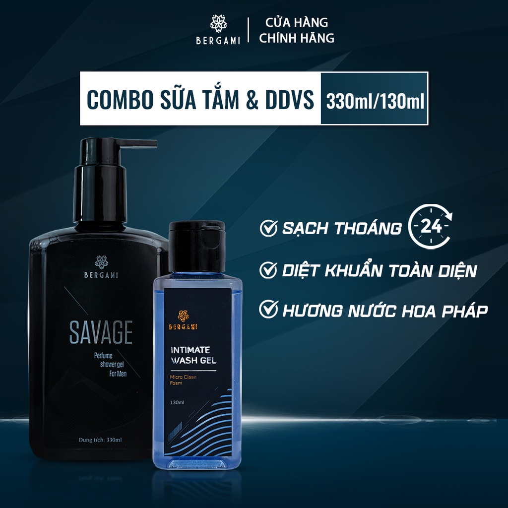 Quà tặng nam Bergami, Sữa tắm nước hoa nam 330ml &amp; Dung dịch vệ sinh Nam 130ml