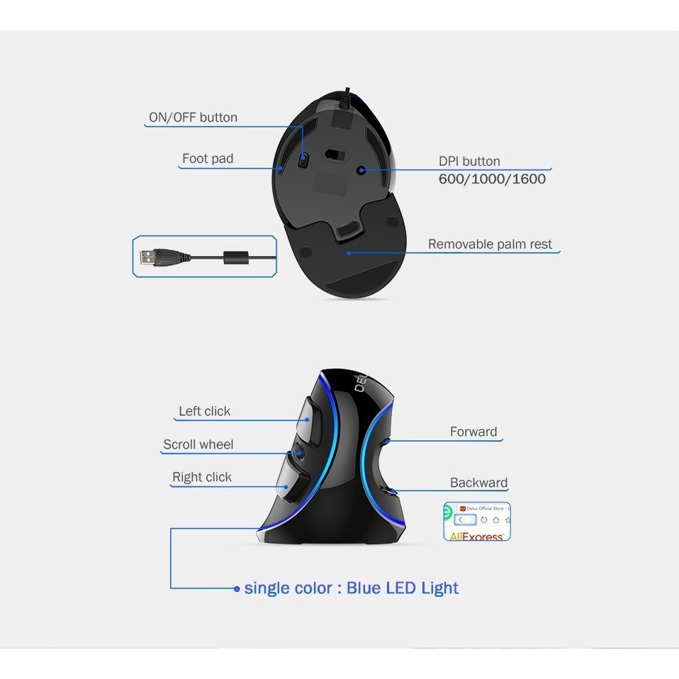 Chuột có dây công thái học M618 Plus 6 nút 1600 dpi Chuột máy tính có đèn LED màu xanh lam với ghế chuột công thái học có thể tháo rời cho PC / Notebook cho máy tính Chuột chơi game văn phòng