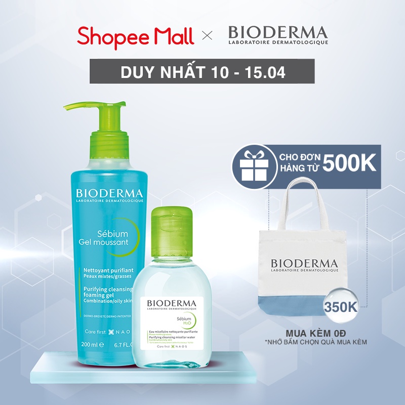 Bộ đôi làm sạch 2 bước cho da hỗn hợp và da dầu Bioderma Sebium Gel Moussant 200ml và Sebium H2O 100ml