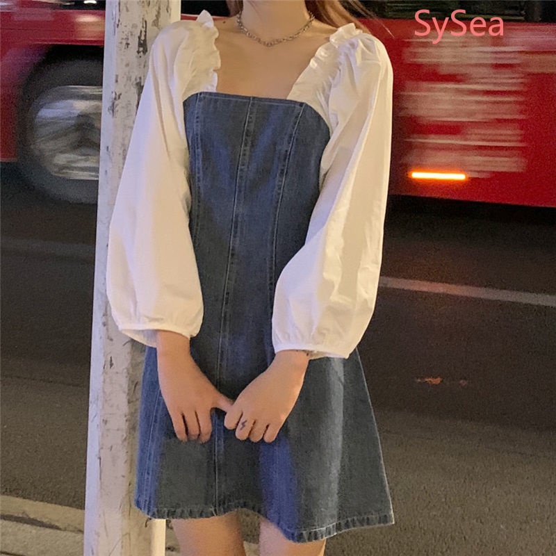 Đầm denim tay dài cổ vuông kiểu retro Pháp thời trang mùa thu cho nữ
