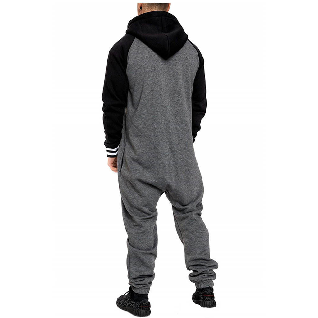 janesame_Men Pure Color Splicing Autumn Winter Casual Hoodie Print Zipper Print Jumpsuit