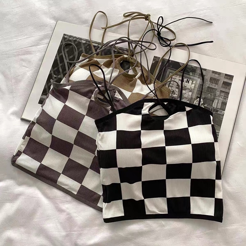 áo 2s 2 dây tăm dây ô vuông caro - ô bàn cờ kiểu dây buộc cổ hot hit (13691#) có mút ngực liền áo