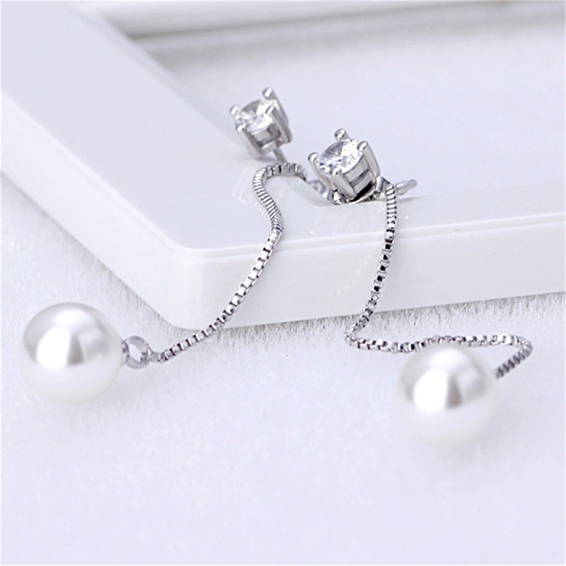 Fashion Silver-Color Simulated Pearl Pendant Cubic Zirconia Long Earrings Bridal Wedding Pearl Jewelry Earrings