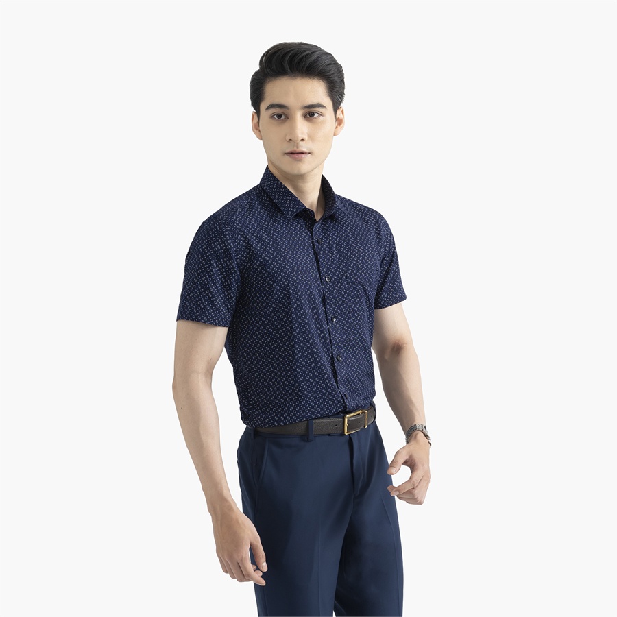 Áo sơ mi nam ngắn tay ARISTINO màu xanh tím than, thiết kế tà bằng, họa tiết nam tính, lịch lãm - ASS247S2