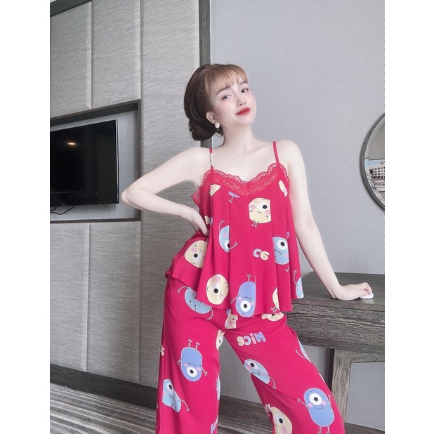 Set Quần Dài Áo 2 Dây Ren Ngực Nữ SOJUN Vải Mango Dưới 70Kg