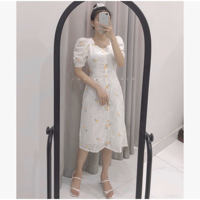 💫💫 Đầm midi xô đục lỗ thêu hoa cúc cutout nơ lưng thắt