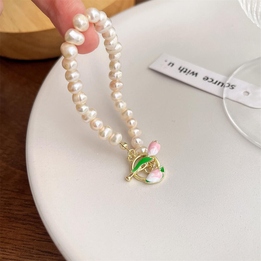 Vòng Tay Chuỗi Hạt Ngọc Trai Màu Hồng / Vàng Hình Hoa Thanh Lịch Cho Nữ