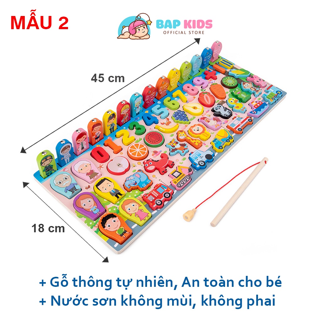 Đồ chơi câu cá gỗ đa năng 7 trong 1 kèm hình khối, số, chữ và phương tiện giao thông