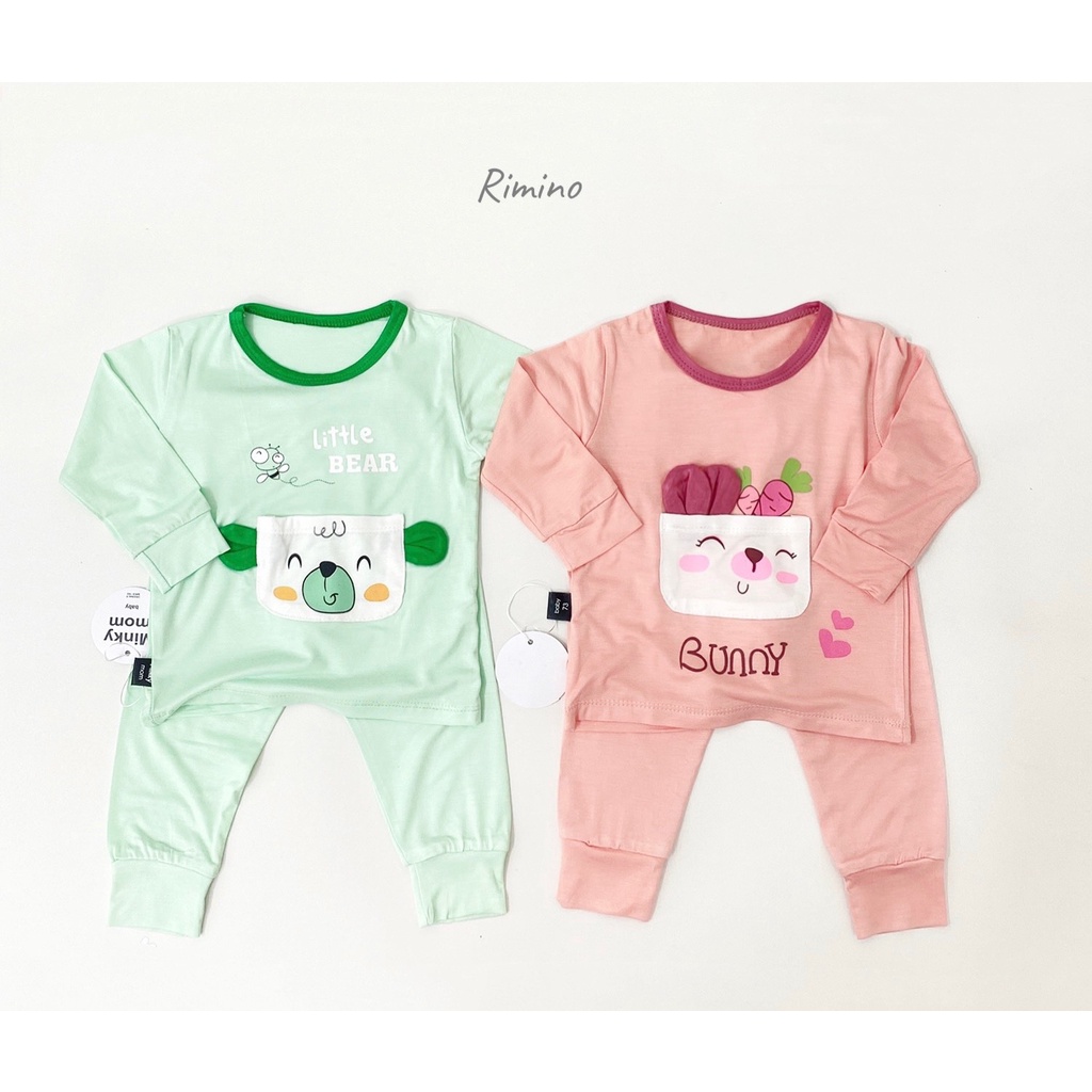 [SALE] Bộ Thun Lạnh Dài Tay Cho Bé Trai, Bé Gái KIMCHIBABY Túi Gấu Trắng, Bộ Quần Áo Cho Bé Mặc Nhà KWTD2212