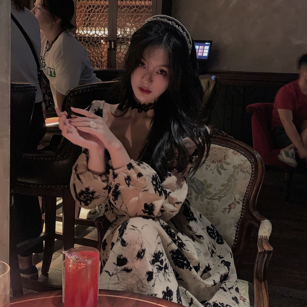 Đầm dáng chữ A cổ vuông in họa tiết phong cách retro thanh lịch cho nữ