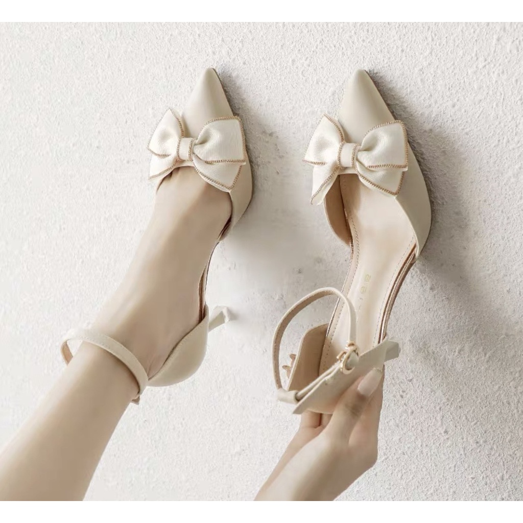 ZZ99- Giày, sandal cao gót nơ bông 7 phân gót mảnh- sambo bít gót