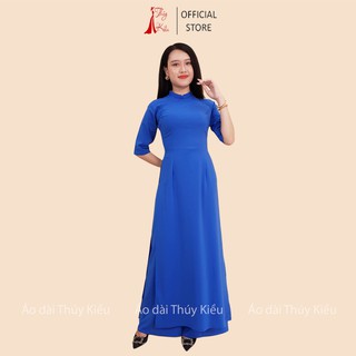 Áo dài trơn lụa Nhật cổ 2 phân màu xanh coban nhạt AK32