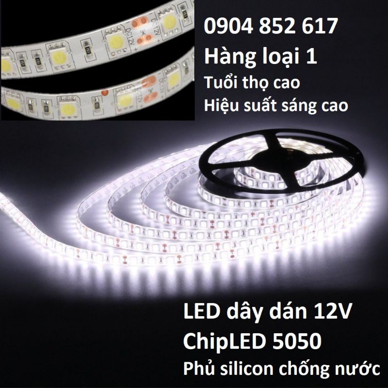 Dây led dán 5050 điện 12V cuộn dài 5m ánh sáng trắng