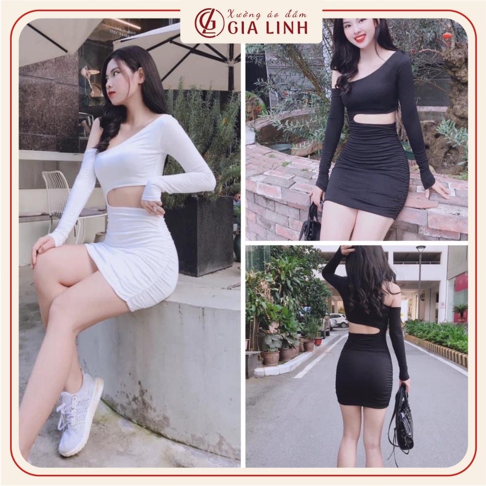 Đầm body lệch vai khoét eo siêu cá tính, váy dài tay hở eo chất thun co giãn cực tốt